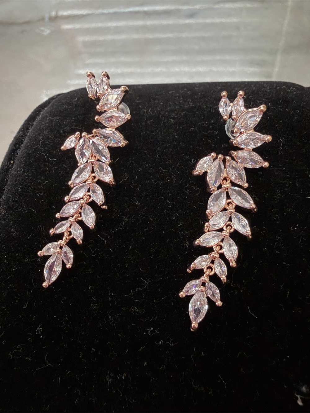 Rose Gold Leaf Drop Earrings with Clear Marquise Crystals